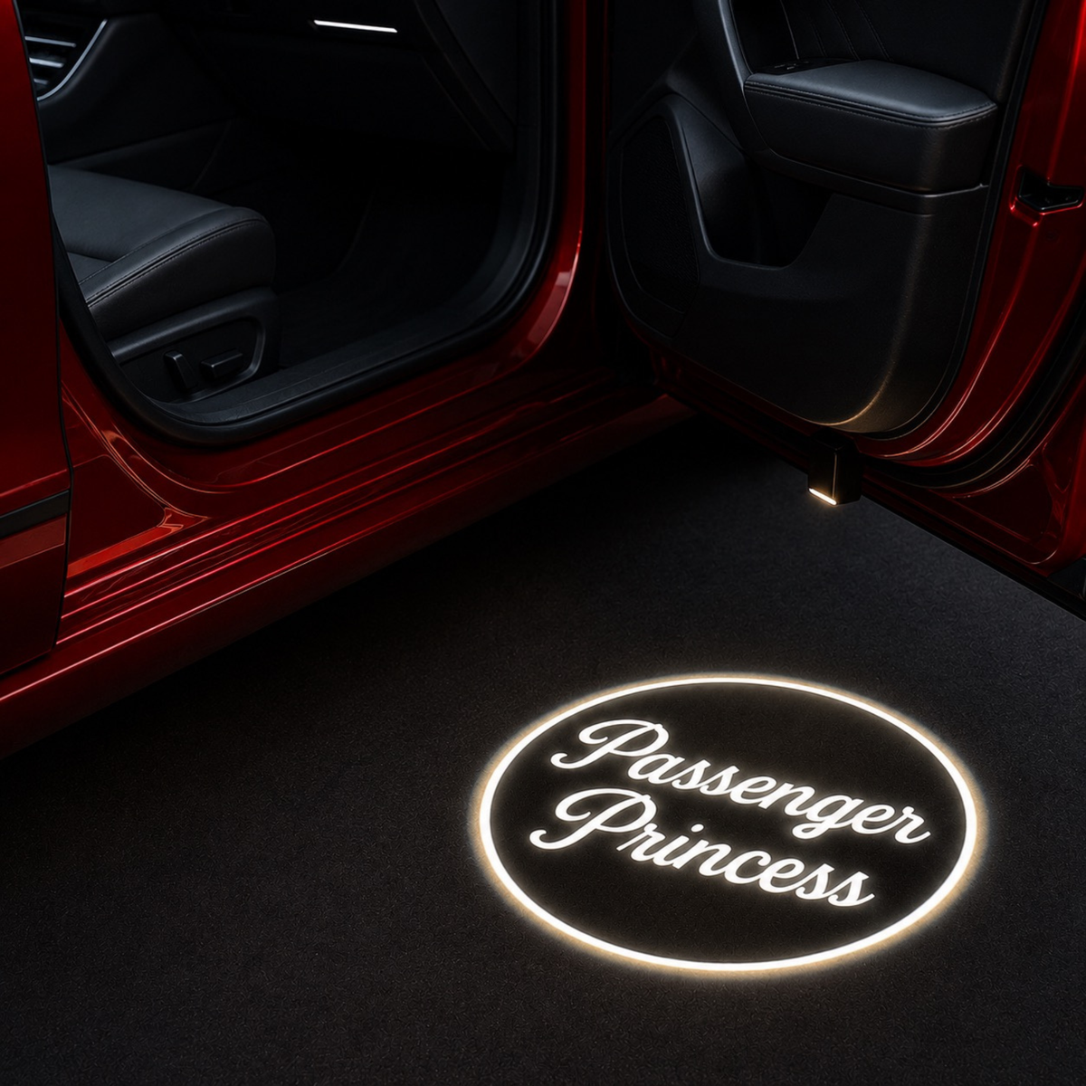 Passenger Princess LED car door projector glowing beside open white SUV as woman enters the vehicle