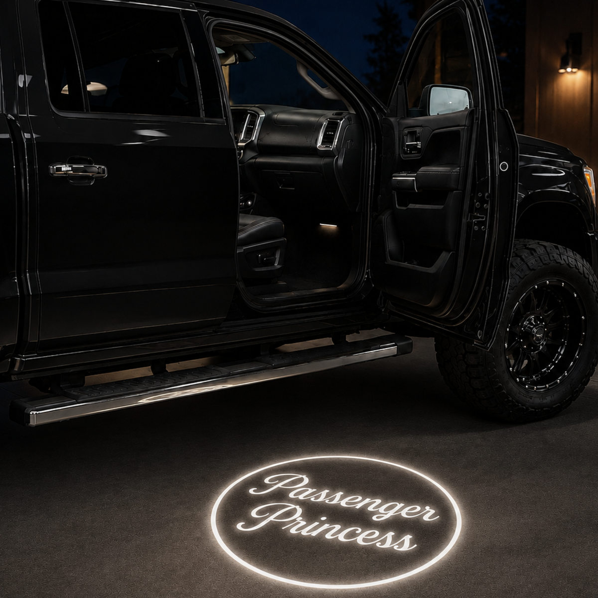 Passenger Princess LED car door light projecting logo beside open passenger door of white SUV