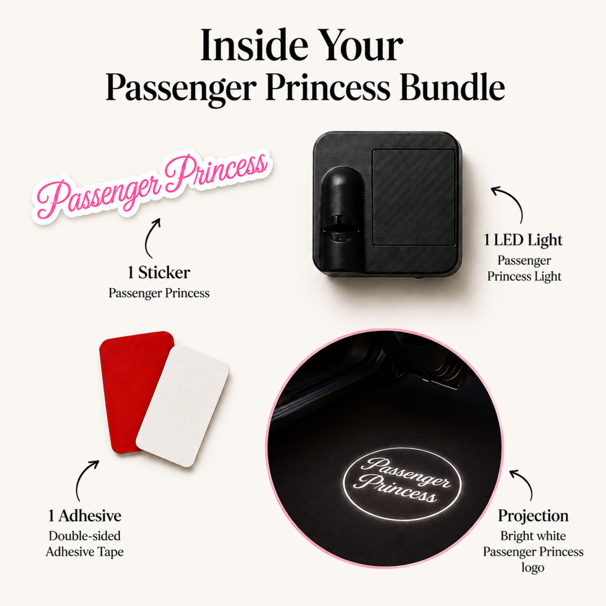 Passenger Princess LED car door light bundle with matching sticker, double-sided adhesive, and bright white Passenger Princess logo projection