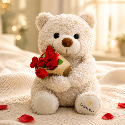 Cute white teddy bear holding red roses, romantic gift for girlfriend or wife
